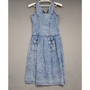 Vintage Mizz Lizz Denim Dress Womens 7/8 Acid Wash Sleeveless Pockets Bows 90s